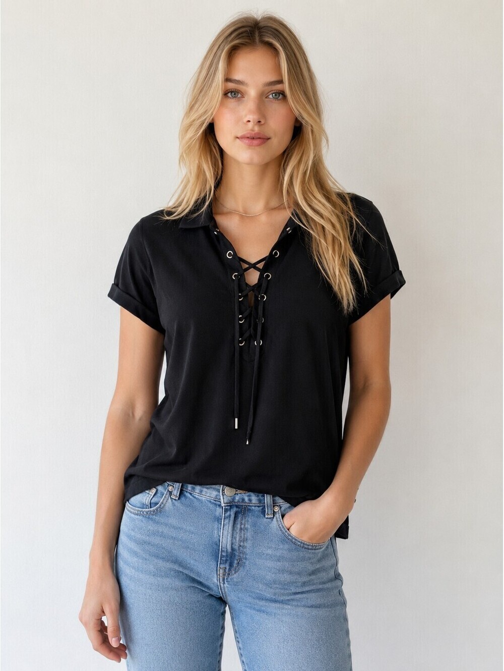 Polo Ralph Lauren Lace Up Polo Shirt Black Short Sleeve Cotton Top XS